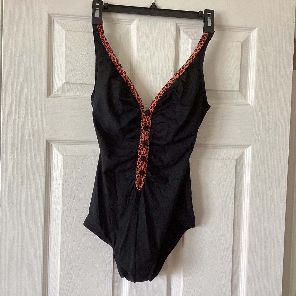 Robby Len Swimsuit - Size 10, Color: Black with Animal Print Trim